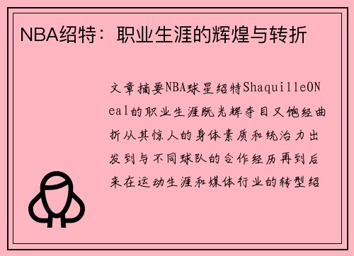 NBA绍特：职业生涯的辉煌与转折