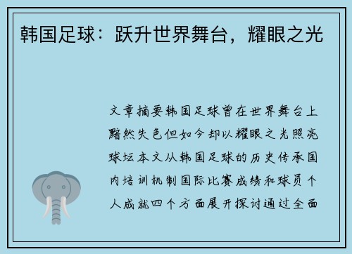 韩国足球：跃升世界舞台，耀眼之光